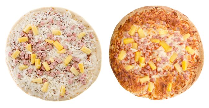 Comparison of a cooked and uncooked hawaiian pizza, isolated on a white background.