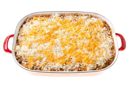 A cheesy casserole in a large dish, isolated against a white background.
