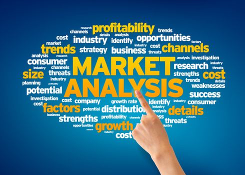 Hand pointing at a Market Analysis Word Cloud on blue background.