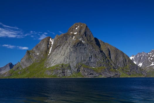 Picturesque fjord on Lofoten islands in arctic Norway