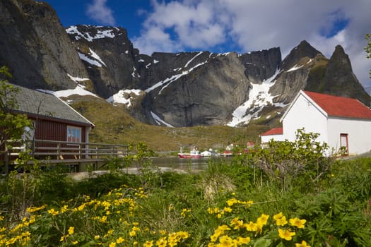 Traditional fishing port in picturesque town of Reine on Lofoten islands, Norway, surrounded by rocky cliffs