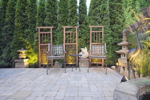 Garden Paver Patio with Trellis Japanese Stone Lantern Pagoda and Bronze Crane Sculpture