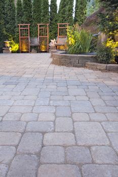 Garden Paver Patio with Trellis Japanese Stone Lantern Pagoda Waterfall Pond and Landscaping Lights