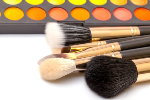 Set of Multicolored Eyeshadows with Brushes, closeup