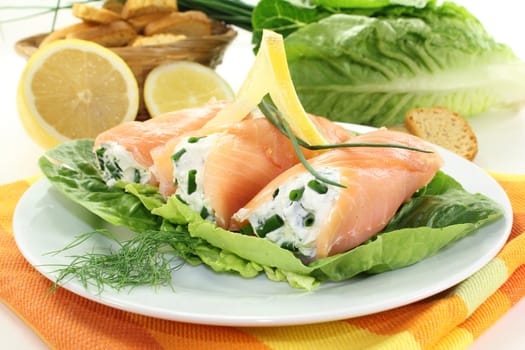 Salmon rolls with cream cheese and chives