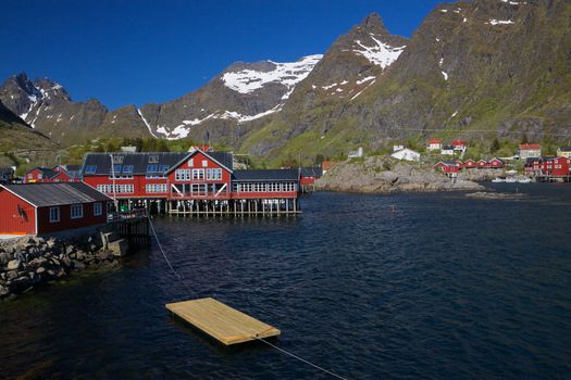 Picturesque village on Lofoten islands in Norway surrounded by mountains