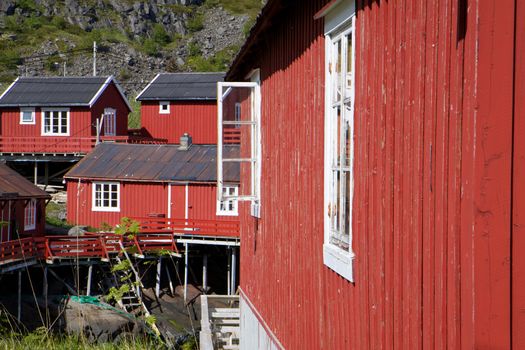 Traditional red fishing robu huts on Lofoten Islands, Norway