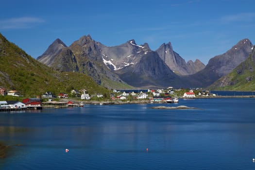 Picturesque panorama of the fjord around town of Reine on Lofoten islands in Norway