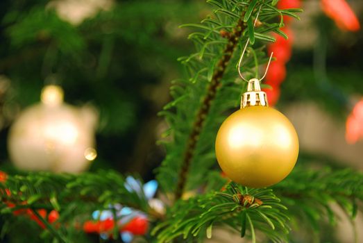 Beautiful golden decoration is hanging on a christmas tree.