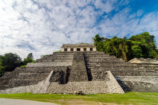 A straight on view of the Temple of Inscriptions at Palenque in Chiapas, Mexico