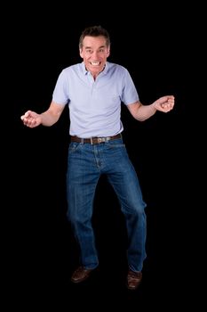 Funny Middle Age Man Dancing with Cheesy Grin Black Background