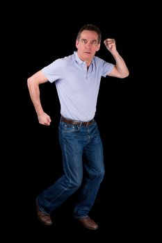 Middle Age Man Funny Dancing Running on the Spot Black Background