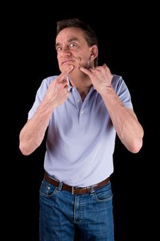 Funny Middle Age Man Squeezing Face Black Background