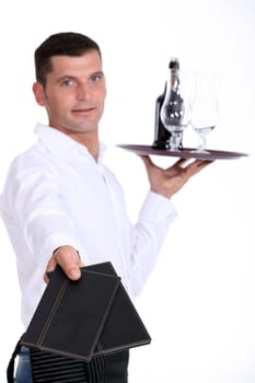 Waiter holding tray, studio shot