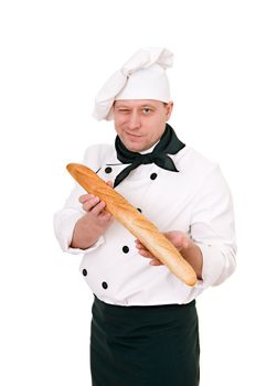 chef with French roll isolated on white background