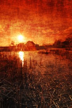 Sunset above the pond with bulrush with a cottage in grungy design