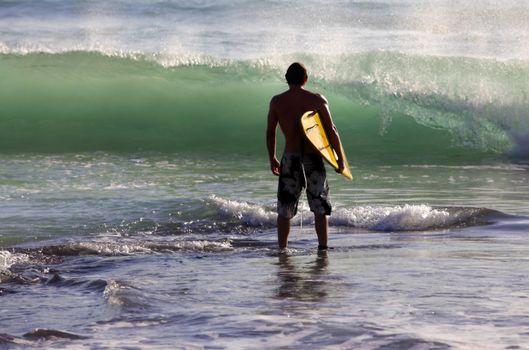 Man-surfer with board on a coastline. Bali. Indonesia