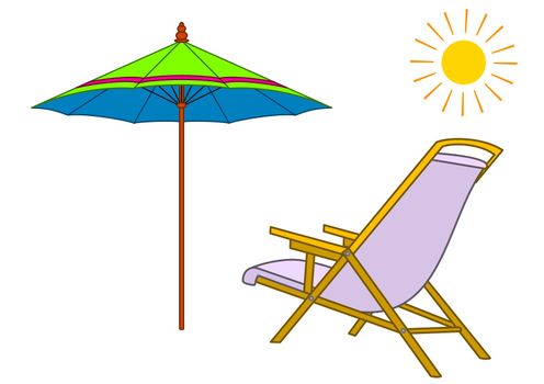 Summer objects: a beach chaise lounge, an umbrella and the sun