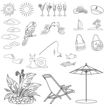 Set objects represent summer, exotic and a beach, black contour on white background. Vector illustration