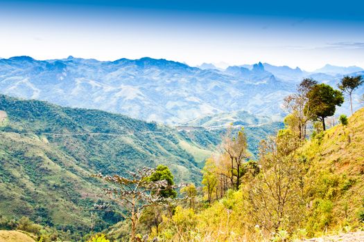 View on the mountain. Saw several mountain peaks. It is one of the suburban landscape in Laos.