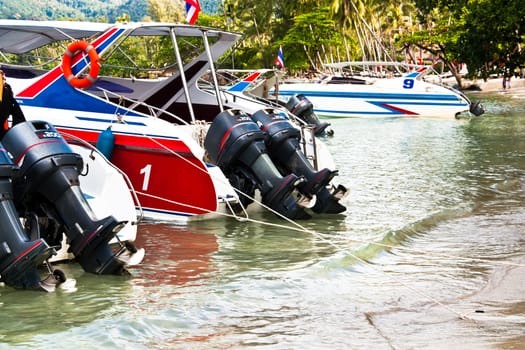 Fast boat in sea, aerial view in thailand