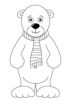 Teddy bear in scarf standing and smiling. Children's toy, isolated, contours