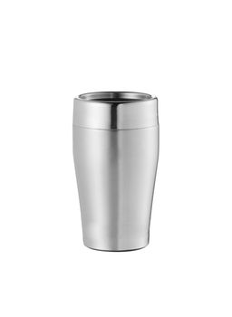 Big steel cup with lid and handle isolated on white