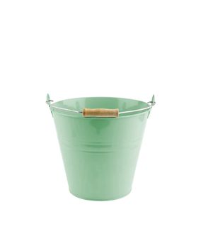 Small iron milling green bucket on white