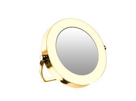 Golden cosmetic mirror isolated on white background