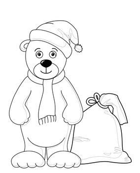Teddy bear Santa Claus with a bag of Christmas gifts, contours