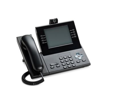 Office IP telephone set with LCD display isolated on white