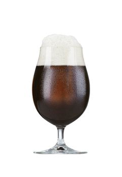 glass of brown beer on white background