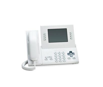 Office IP telephone set with LCD display isolated on white
