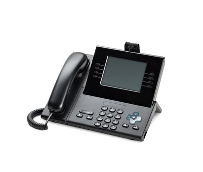 Office IP telephone set with LCD display isolated on white