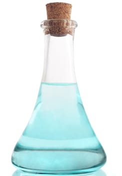 A glass bottle with blue liuqid