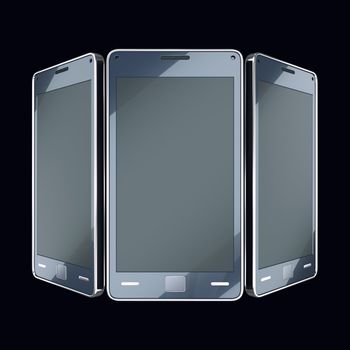 Communication and mobility: smart phones with touch screens on black (custom made and rendered) 