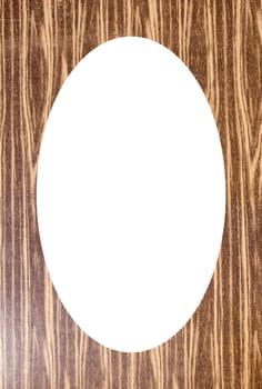 Background of the cardboard panels with wood imitation. Isolated white oval place for text photograph image in center of frame.