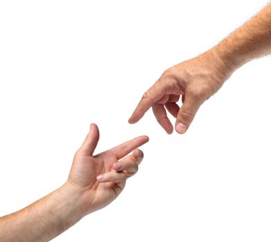 Two hands reaching towards each other white background isolated