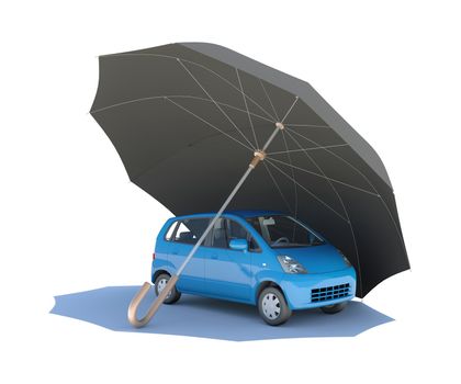 Umbrella covering blue car. Isolated on white background