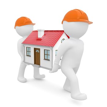 Two workers in orange hard hats have a house with red roof. Isolated on white background