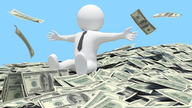 White man sitting on a pile of money fell from the sky. Blue background
