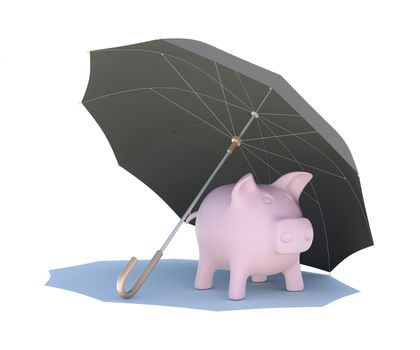 Umbrella covering the pink piggy bank. Isolated on white background