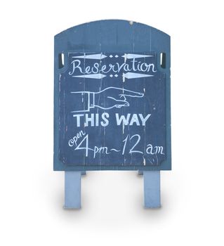 reservation blue wood board with drinks and food on white
