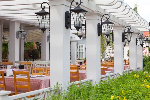 View of empty outdoor restaurant in Thailand