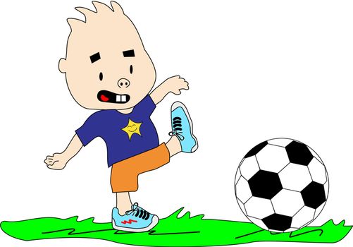 Kid plays with soccer ball on the grass.