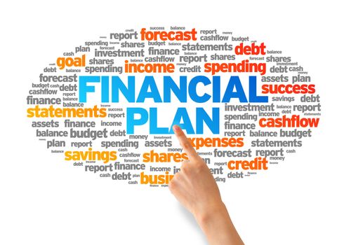 Hand pointing at a Financial Plan Word illustration on white background.