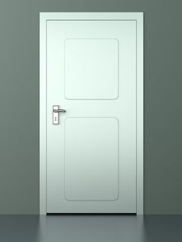 A closed door in a empty room. 3D rendered illustration.