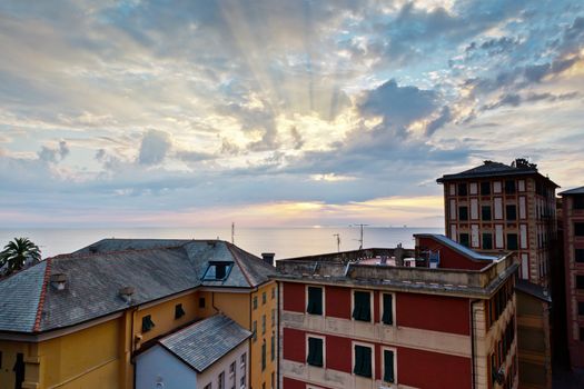 Sunset Sea and Houses in Village of Camogli near Genoa in Italy