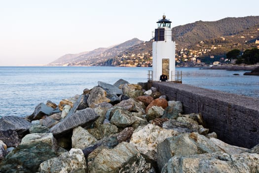 Lighthouse in the Village of Camogli near Genoa, Italy