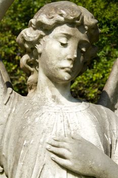 A stone carve statue of an angel, old, dirty and damaged with plants in the background.